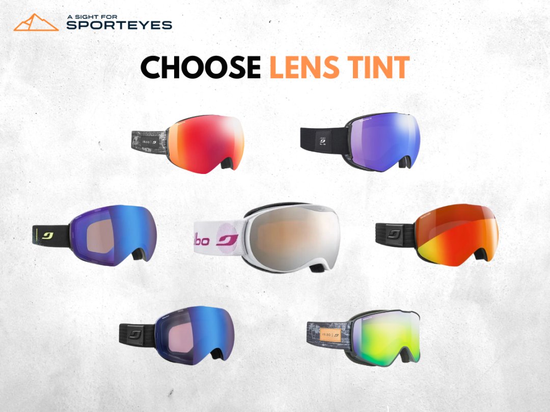 Assortment of ski goggles showcasing different lens tints available