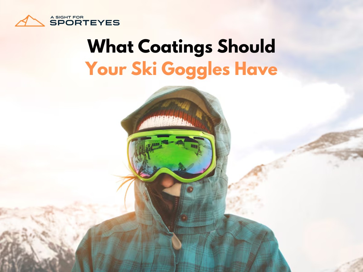 Skier with coated lens ski goggles with mountain backdrop